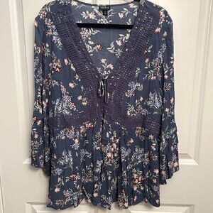 Torrid Blue Floral Long Sleeve Blouse with Lace